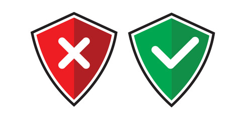 Green shield with check mark and red shield with cross mark icons. Symbols on the rejection or confirmation of action
