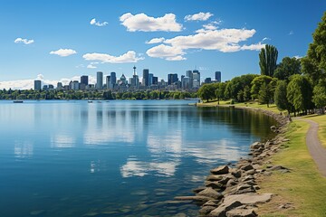 a view the park and minneapolis, in the style of sky-blue and green, calm waters, comics, urban landscape, impressive panoramas, afro-caribbean influence - obrazy, fototapety, plakaty