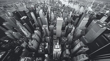 New York City Manhattan skyline aerial view black and white with skyscrapers and street