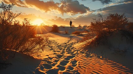 a walk through the dunes in the desert, in the style of photo-realistic landscapes, empire, islamic calligraphy, orientalist - obrazy, fototapety, plakaty