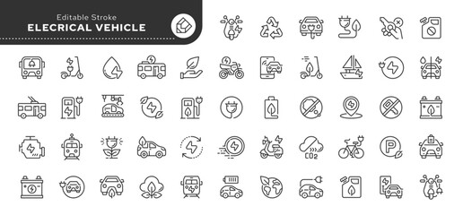 Set of line icons in linear style. Series - Electrical vehicle. Eco-friendly transport. Electric car, bus, e-bike, electric scooter, motorcycle, charging station and battery. Outline icon collection. 