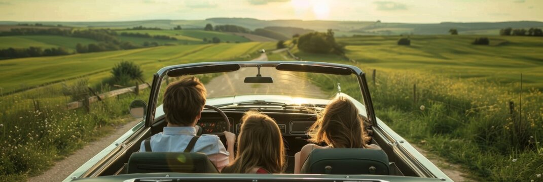 Countryside drive, family in a convertible, passing through green fields, wind in their hair