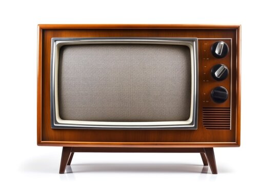 An antique television set on a rustic wooden stand. Suitable for retro design projects