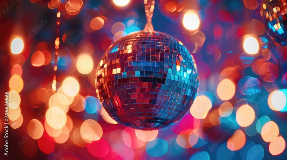 Poster a disco ball hanging from a string with lights in the background. perfect for party or nightlife the