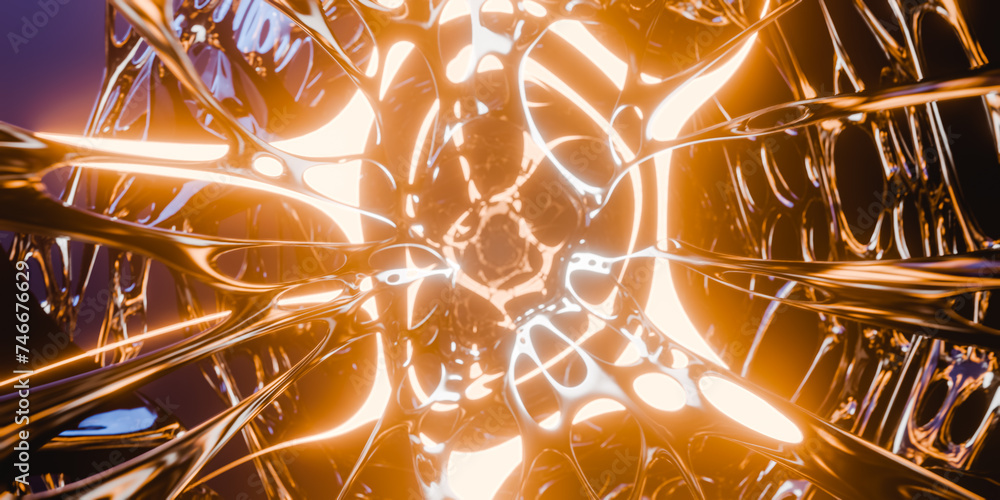 Poster glowing neon lights of objects moving towards endless fractal tunnel. 3d render