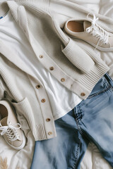 Casual outfit with a sweater, blue jeans, and white sneakers