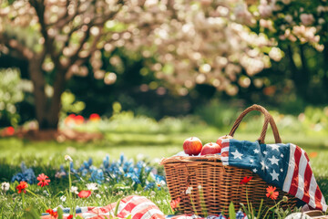 Picnic basket with American flag on a sunny day