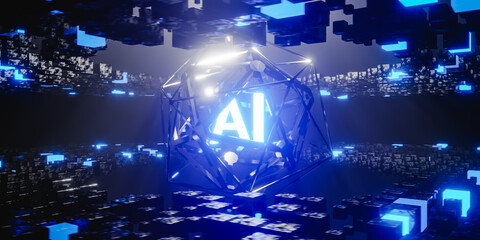 Glowing neon lights frame with AI word inside. 3d render