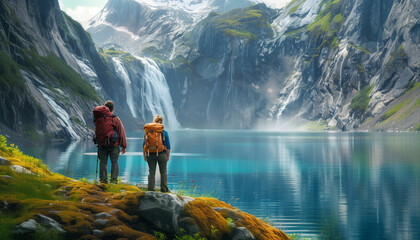 Backpackers couple with backpacks enjoying mountain high altitude lake view with waterfall during autumnal mountain trekking in Mountains. Active people in nature and relations concept image. - obrazy, fototapety, plakaty