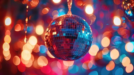 A disco ball hanging from a string with lights in the background. Perfect for party or nightlife themes