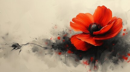 Abstract Red Poppy on Monochrome Background
