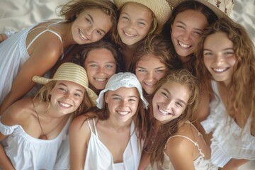 Obraz premium A group of young women laying on top of a bed, suitable for lifestyle and friendship concepts