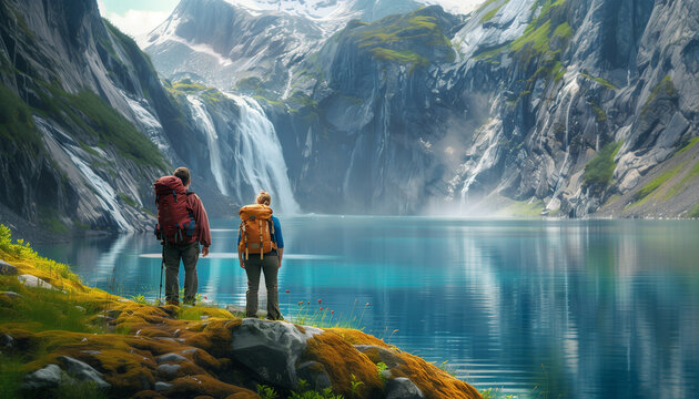 Backpackers couple with backpacks enjoying mountain high altitude lake view with waterfall during autumnal mountain trekking in Mountains. Active people in nature and relations concept image.