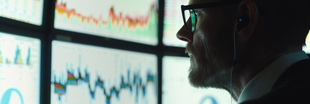 Data analytics expert analyzing complex charts on multiple screens, focused and determined