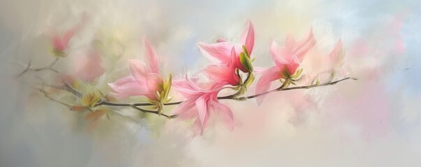 Painting of Pink Flowers on a Branch
