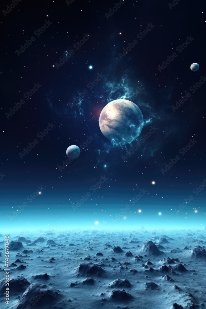 Poster a group of planets floating in the sky. perfect for science fiction or space-themed designs