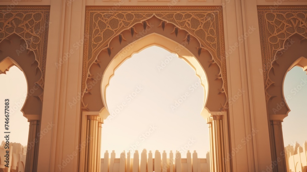 Poster a large archway with a clock on top. suitable for architectural and historical themes