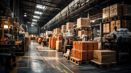 a warehouse with boxes standing in front of a large aisle way, in the style of commercial imagery, photorealistic, industrial machinery aesthetics,aesthetic, focus stacking, heistcore - obrazy, fototapety, plakaty