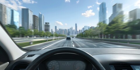Highway motion blur as seen from a luxury sedan, fast travel on a wide highway, urban skyline ahead