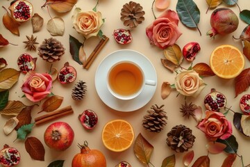 A cup of tea surrounded by autumn leaves and flowers. Perfect for fall-themed designs