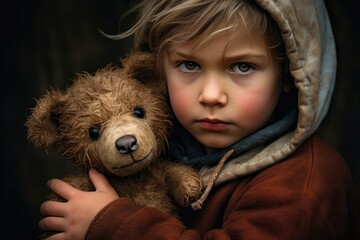 sad child with a bear. childhood. poverty. offended child.