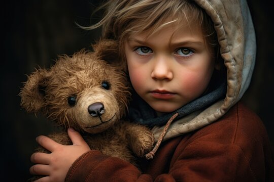 sad child with a bear. childhood. poverty. offended child.