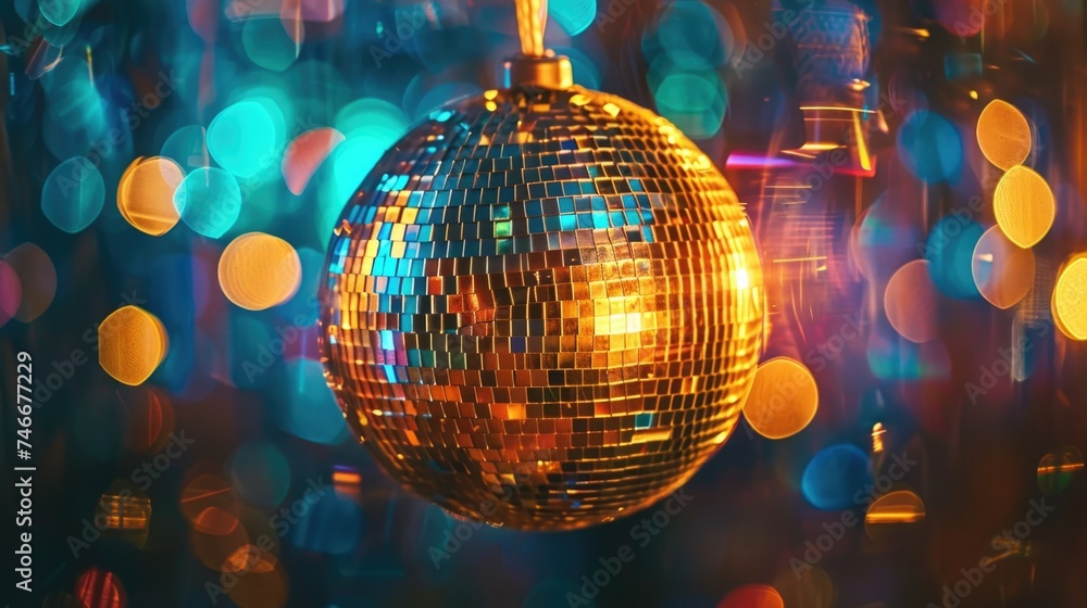 Poster a shiny disco ball hanging from a string. perfect for party decorations
