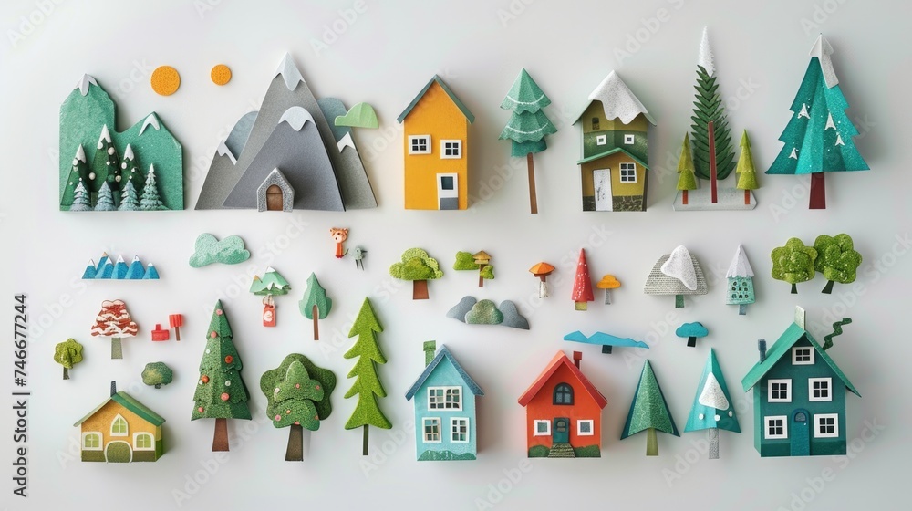 Poster paper cut houses and trees collection, perfect for architectural design projects