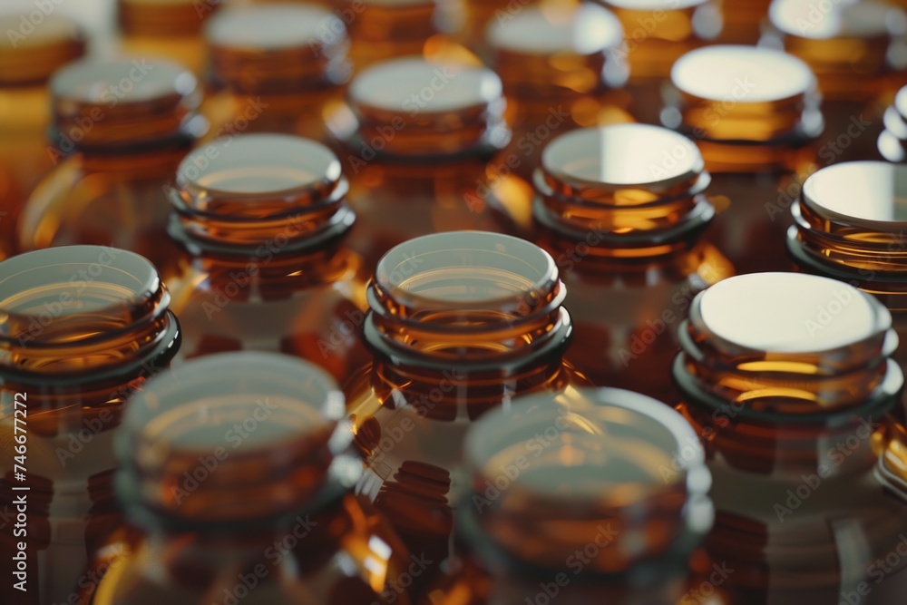 Poster a close-up view of a bunch of brown bottles. ideal for product packaging design
