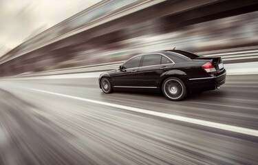 Luxury sedan moving at high speed on a highway, blurred lines on the road, focused and fast