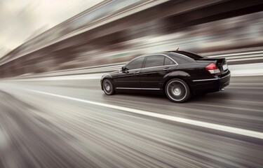 Fototapeta premium Luxury sedan moving at high speed on a highway, blurred lines on the road, focused and fast