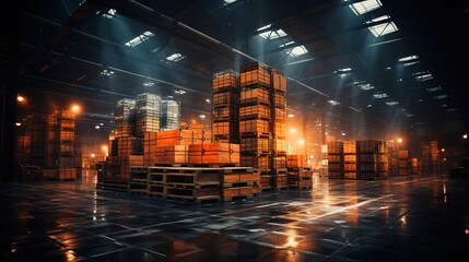 a warehouse with pallets and boxes, high quality photo, precisionism influence, transportcore, airy and light - obrazy, fototapety, plakaty