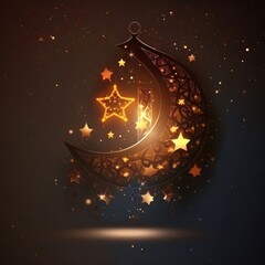 Decorated luminous crescent moon with small stars on a dark background. Lantern as a symbol of Ramadan for Muslims.