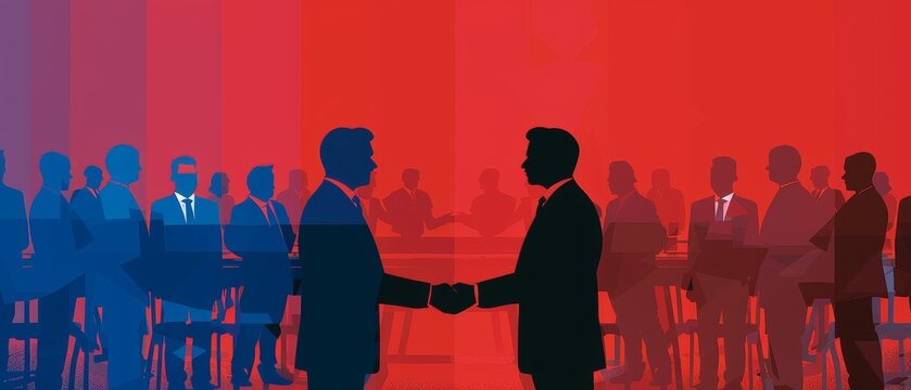 Merger announcement press conference, CEOs shaking hands, company logos merging in the backdrop