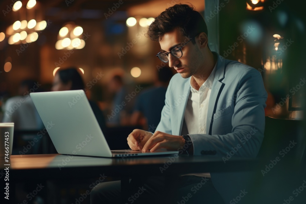 Poster A man sitting at a table working on a laptop. Suitable for business and technology concepts
