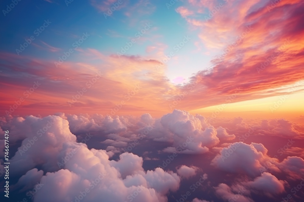 Poster a beautiful sunset scene with the sun setting over the clouds. perfect for travel and nature concept