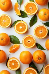 Fresh oranges with leaves on a clean white background. Perfect for food and healthy lifestyle concepts