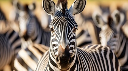 Close up from a zebra surrounded with  black and white stripes in his herd