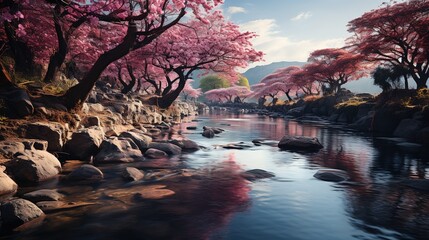a waterfall flows down near mountains with pink blossoms, in the style of inspiration, press photo, eye-catching, sky-blue, poignant, ambitious - obrazy, fototapety, plakaty