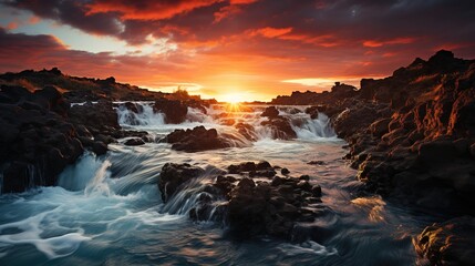 a waterfall in iceland at sunset, in the style of brightly colored, bucolic landscapes, pretty, eye-catching, expansive - obrazy, fototapety, plakaty