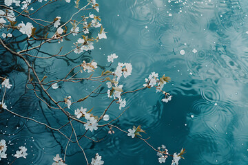 the branches are blooming above water in the style of - obrazy, fototapety, plakaty