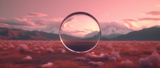 Landscape with a mysterious psychedelic mirror in the middle - obrazy, fototapety, plakaty