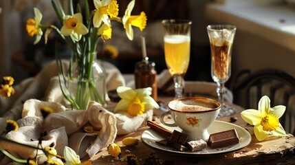 Fototapeta premium A table topped with a cup of coffee next to a vase of flowers