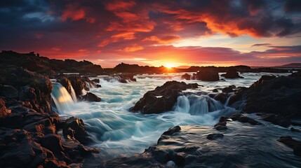 Obrazy na Plexi  a waterfall in iceland at sunset, in the style of brightly colored, bucolic landscapes, pretty, eye-catching, expansive