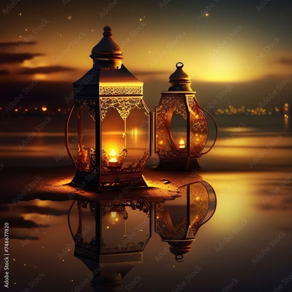 Wall mural Two lanterns on the sand by the water at sunset. Lantern as a symbol of Ramadan for Muslims.