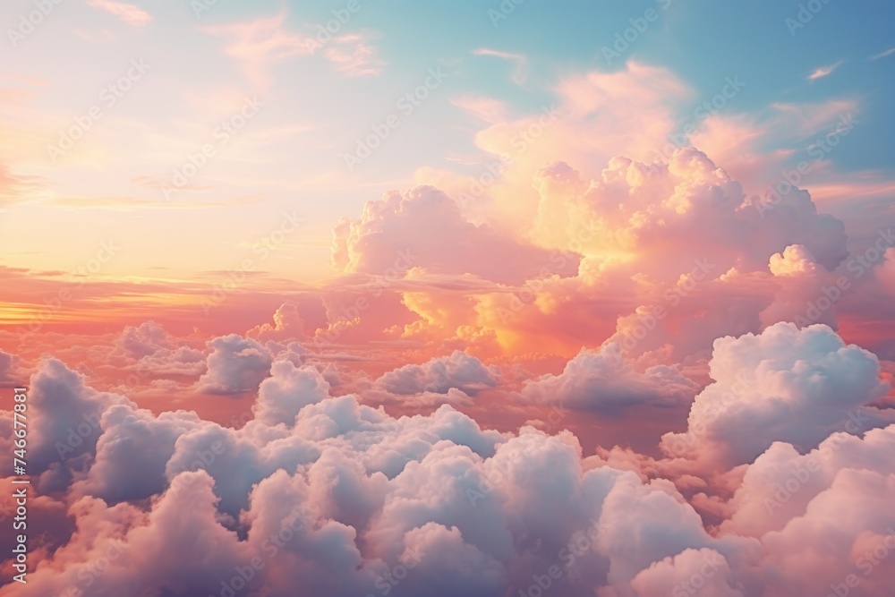 Poster a serene view of the sky and clouds from an airplane. suitable for travel and aviation concepts
