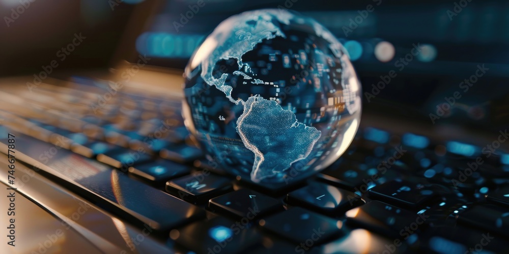 Poster A globe placed on top of a computer keyboard, suitable for technology concepts