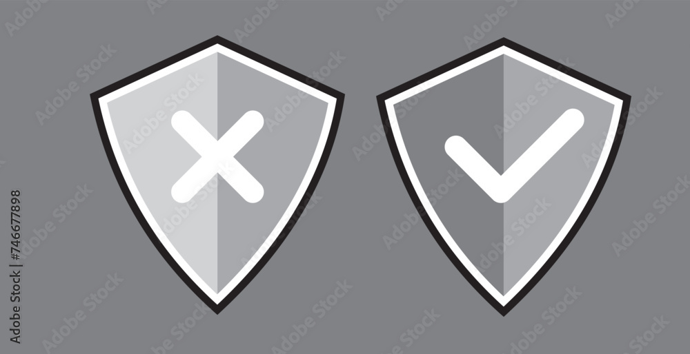 Poster green shield with check mark and red shield with cross mark icons. symbols on the rejection or confi