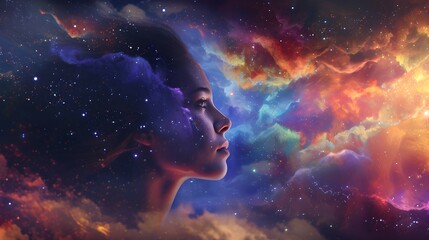 colorful graphic of girl's face with clouds, - obrazy, fototapety, plakaty