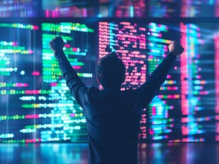 Software development breakthrough, developer with arms raised in front of glowing code on screens